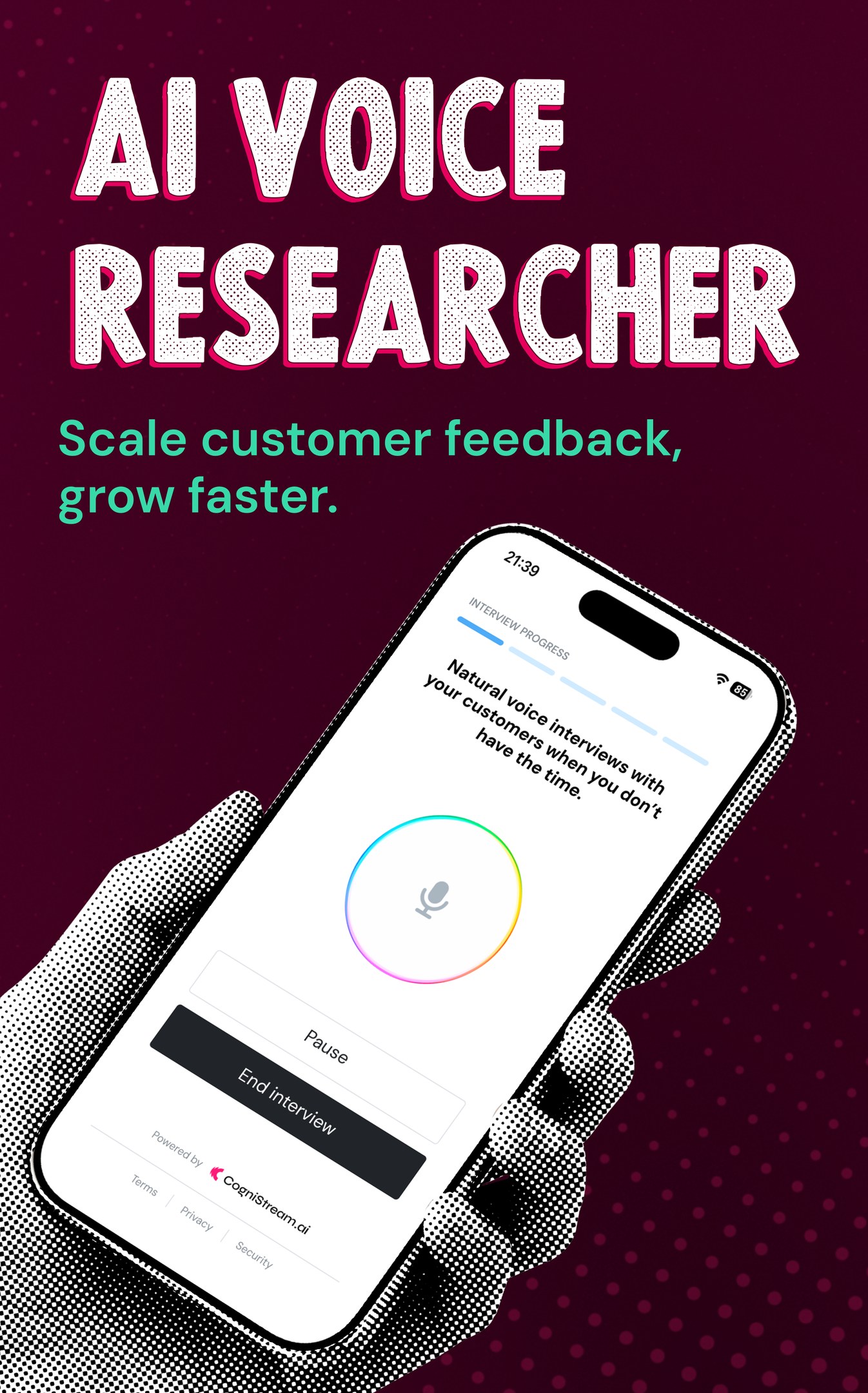 CogniStream AI Voice Researcher: a hand holding a phone running a voice interview